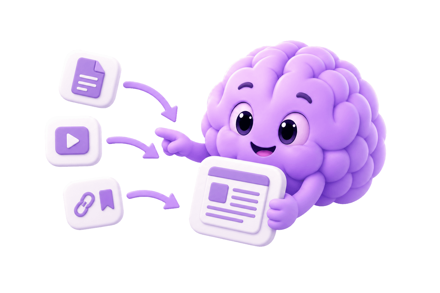 Graspnote mascot organizing saved articles, videos, and links into connected knowledge